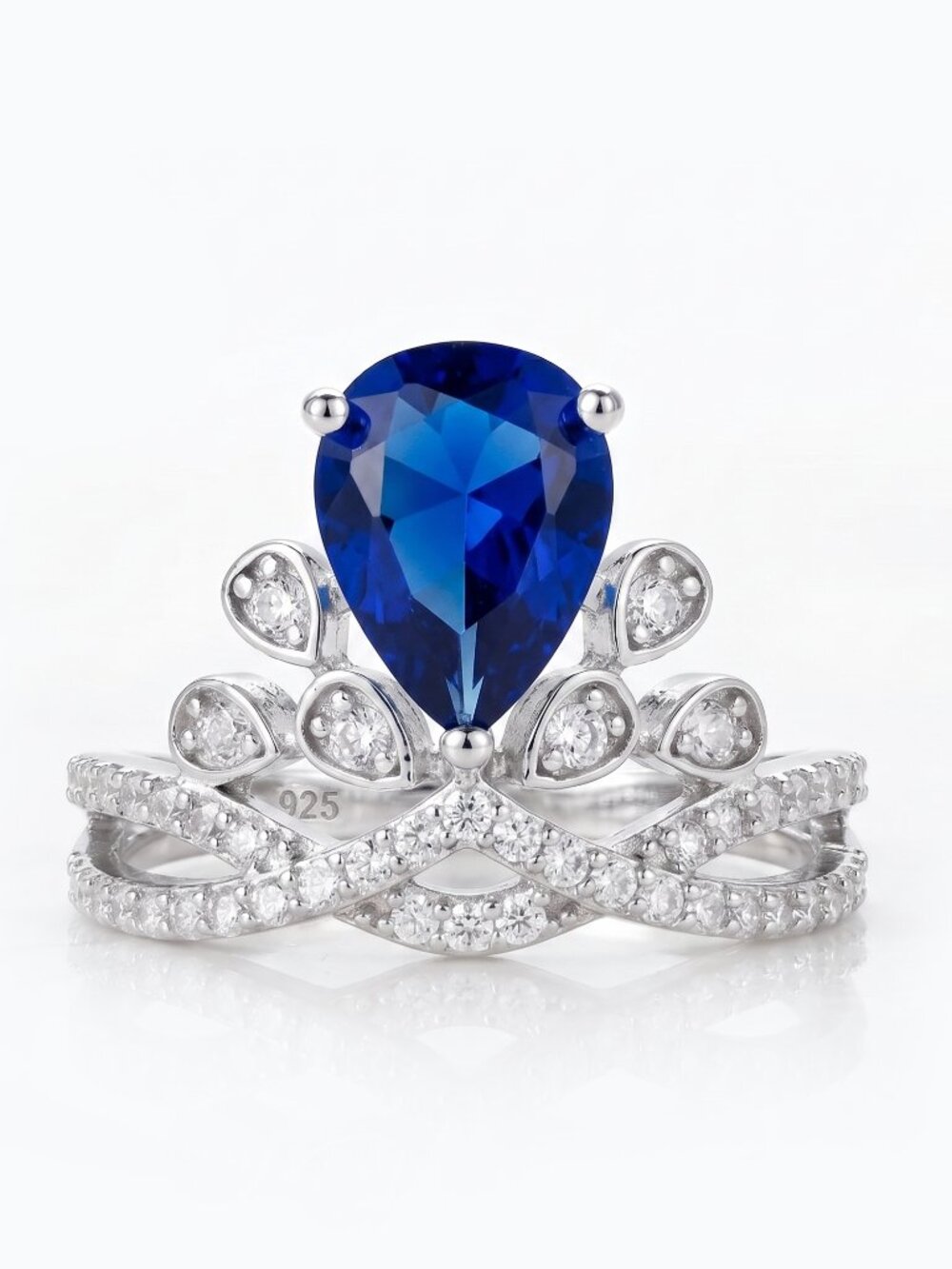 Blue Sapphire Tiara Ring with Pear Cut centre stone, 925 Sterling Silver Charmed